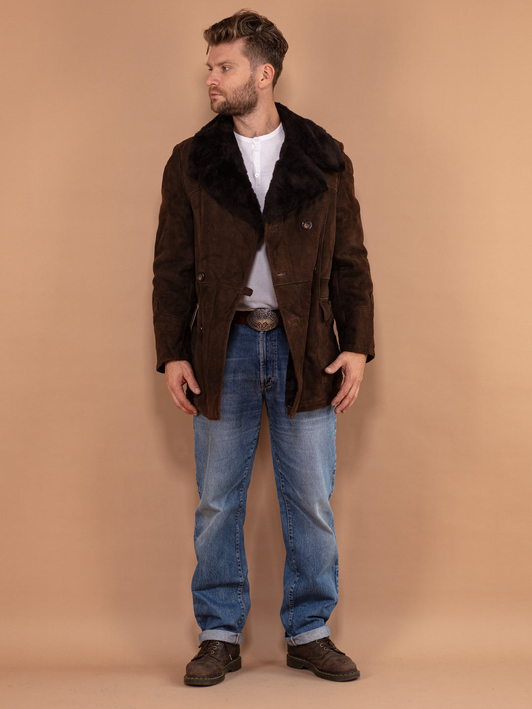 Double Breasted Sheepskin Coat 70's, Size Medium, Men Vintage Suede Winter Coat, Dark Brown Boho Coat, 1970s Clothing, Outerwear