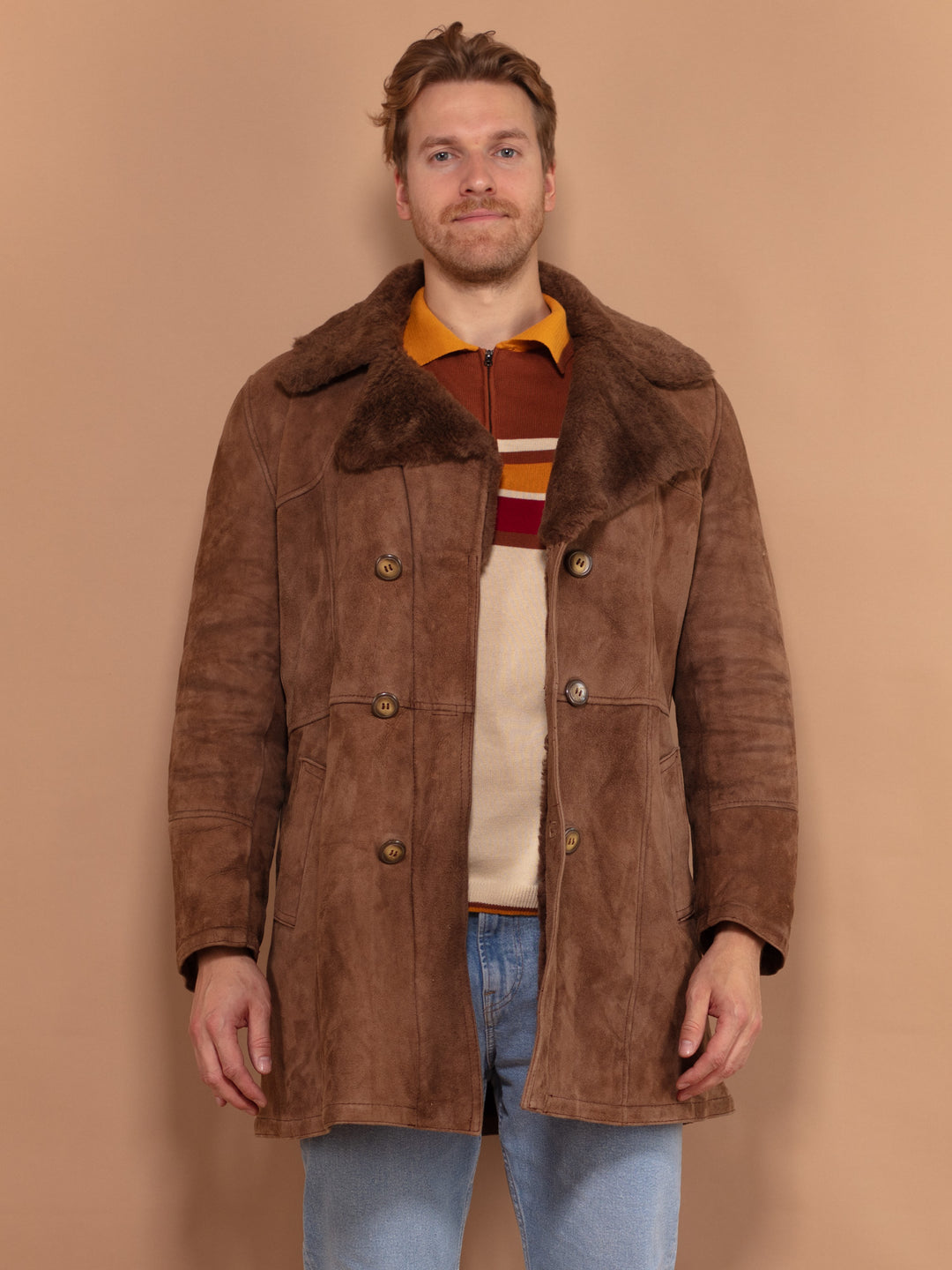 Double Breasted Sheepskin Coat 70s, Size Medium, Vintage Mens Winter Coat, Brown Shearling Coat, Retro Winter Outerwear, Gift For Man