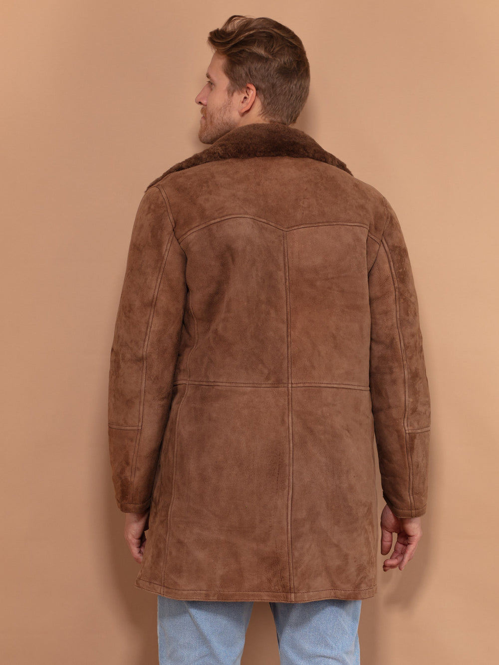 Vintage 70's Men Double Breasted Sheepskin Coat in Brown - NorthernGrip