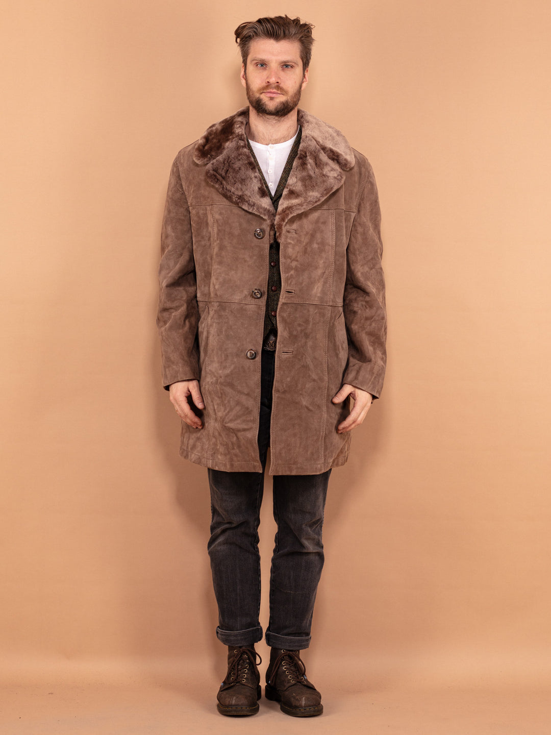 Vintage Faux Sheepskin Coat 70s, Size L Large, Wool Collar Winter Coat, Boho Outerwear, Men Pale Brown Overcoat, Suede Sherpa Lined Coat