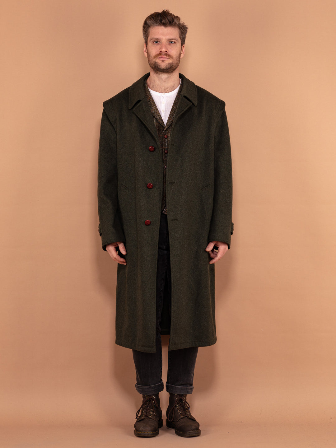 Men Green Wool Topcoat 70's, Size XL, Vintage Cacharel Loden Wool Coat, Unlined Overcoat, Mens Long Coat, Retro Outerwear, Oversized Coat