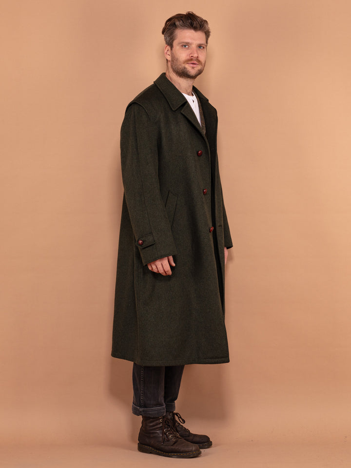 Men Green Wool Topcoat 70's, Size XL, Vintage Cacharel Loden Wool Coat, Unlined Overcoat, Mens Long Coat, Retro Outerwear, Oversized Coat