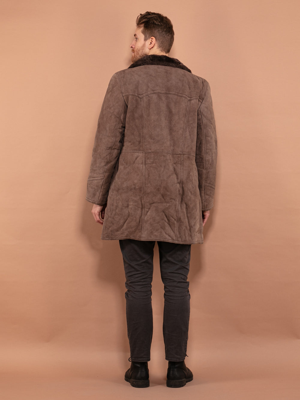 Vintage 70's Men Shearling Suede Coat in Grey - NorthernGrip