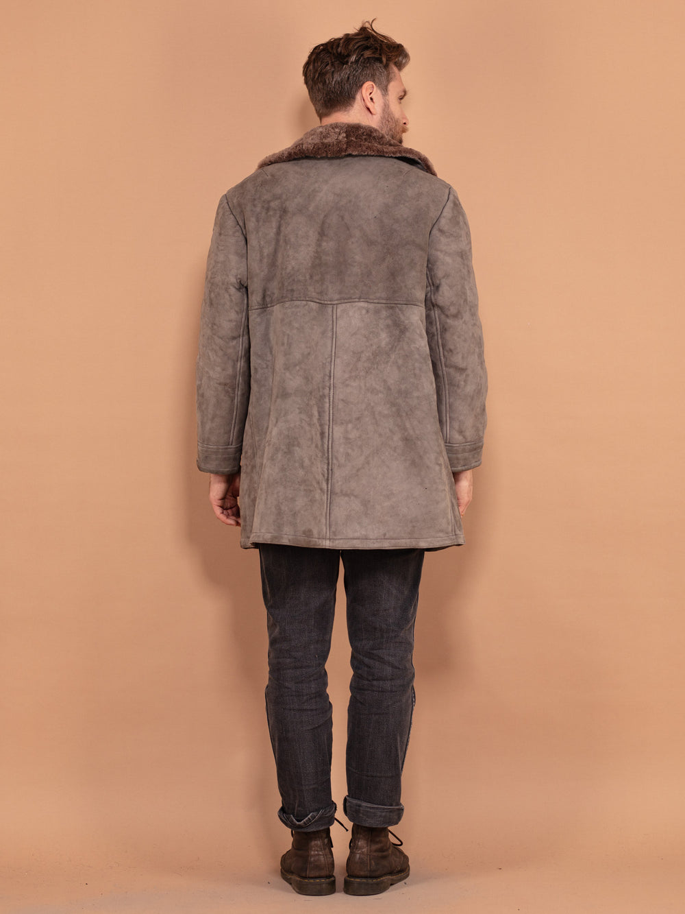Vintage 70's Men Sheepskin Suede Coat in Grey - NorthernGrip