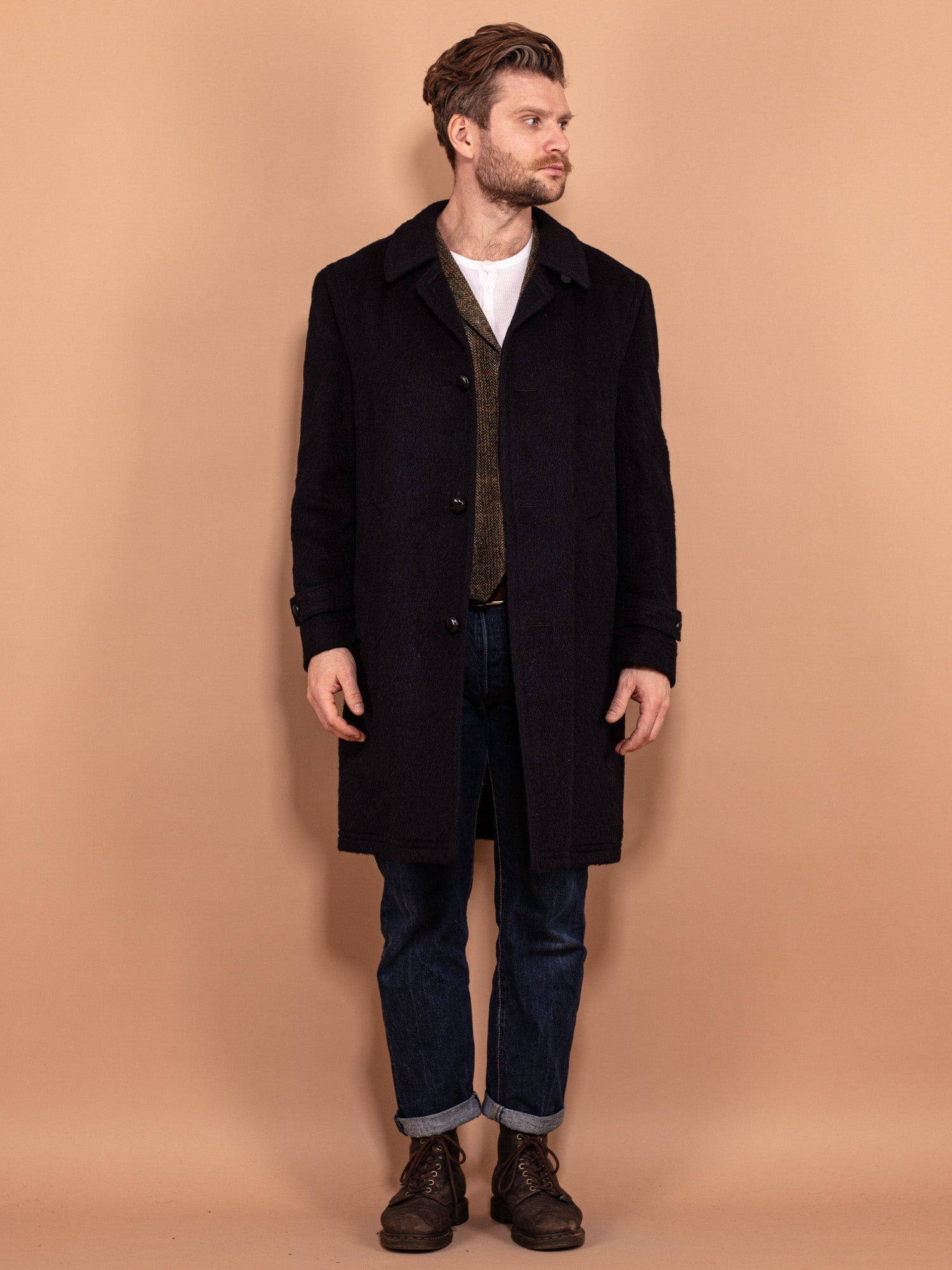 Online Vintage Store 70 s Men Llama Wool Coat in Navy Blue Northern Grip NorthernGrip