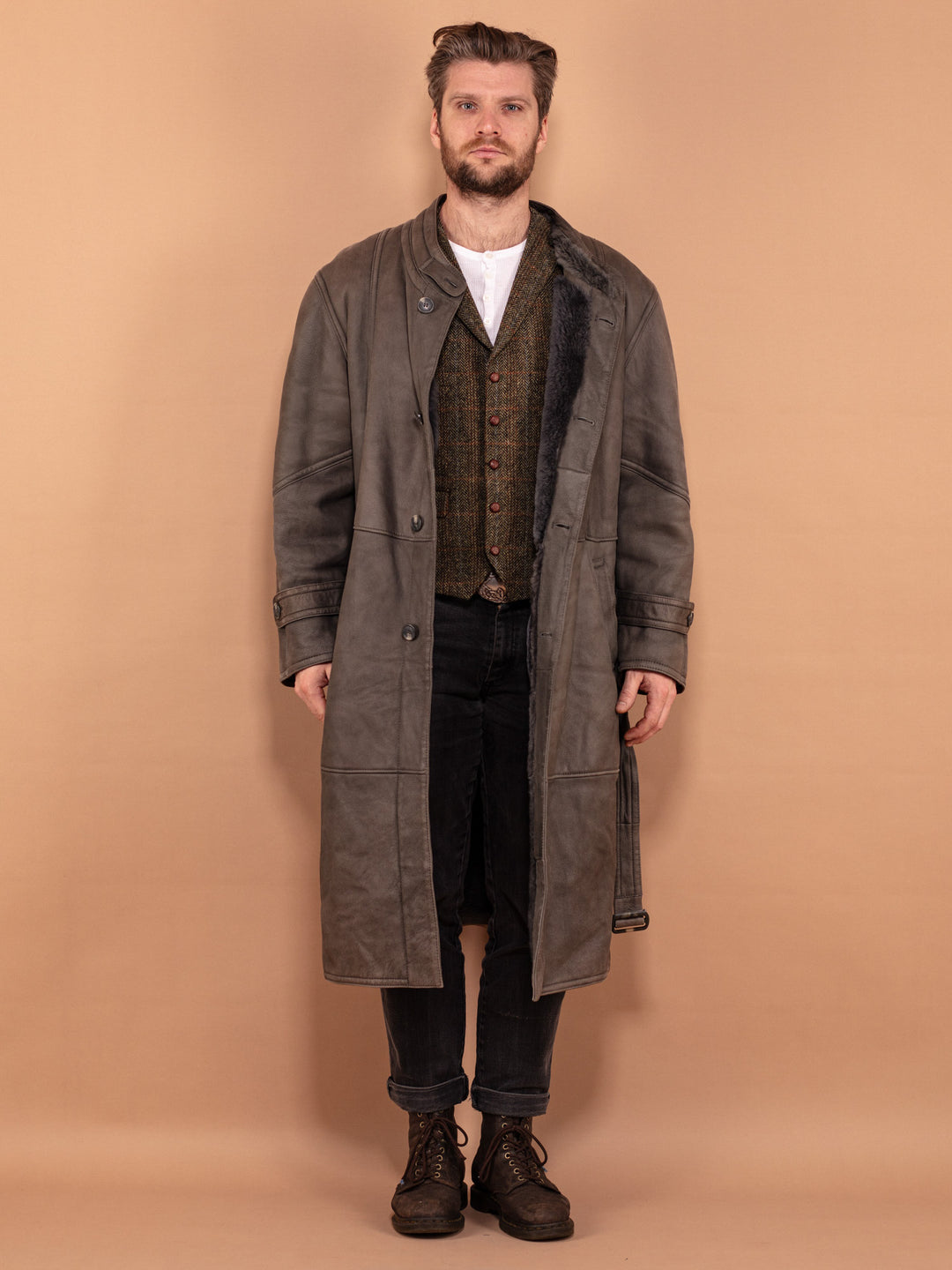 Men Longline Sheepskin Coat 70s, Size L Large, Vintage Winter Coat, Gray Leather Coat, Belted Midi Coat, Shearling Outerwear, Menswear