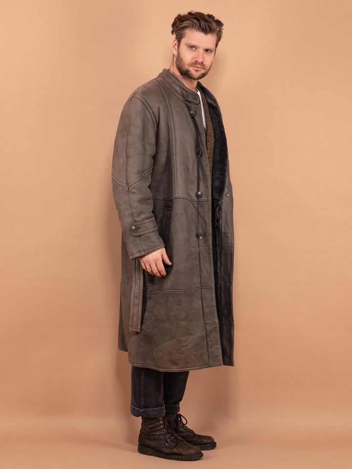 Men Longline Sheepskin Coat 70s, Size L Large, Vintage Winter Coat, Gray Leather Coat, Belted Midi Coat, Shearling Outerwear, Menswear
