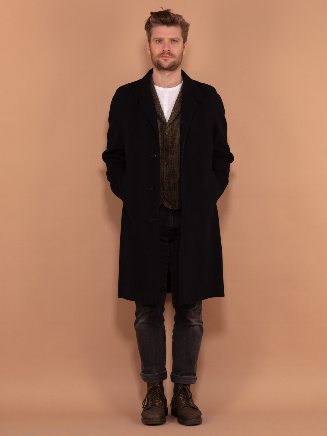 Minimalist Wool Blend Coat 70's, Size S Small, Vintage Men Overcoat, Classy Black Topcoat, Elegant Menswear, Outerwear, Formal Coat