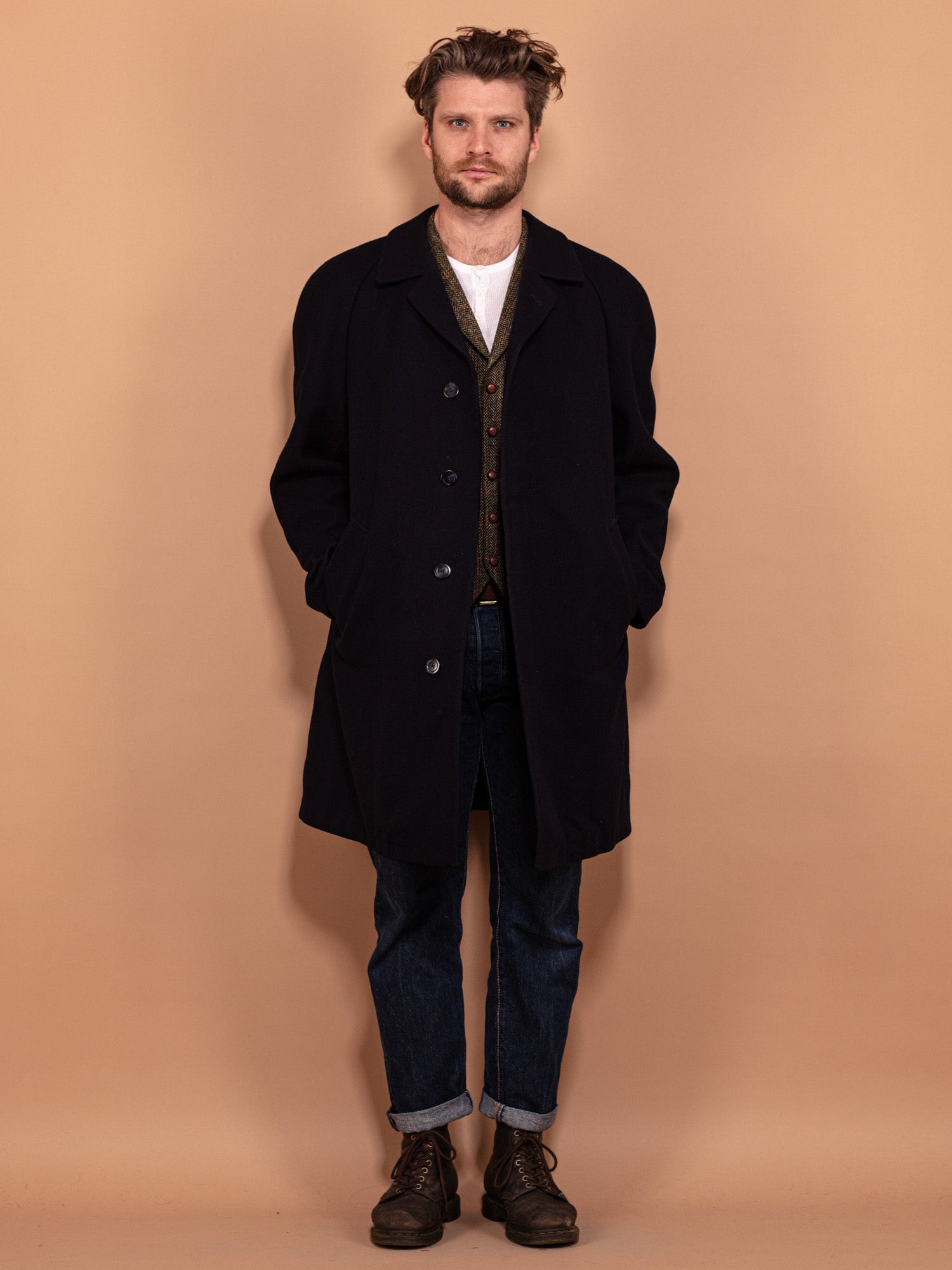 Online Vintage Store 70 s Men Minimalist Wool Coat in Navy Blue Northern Grip NorthernGrip
