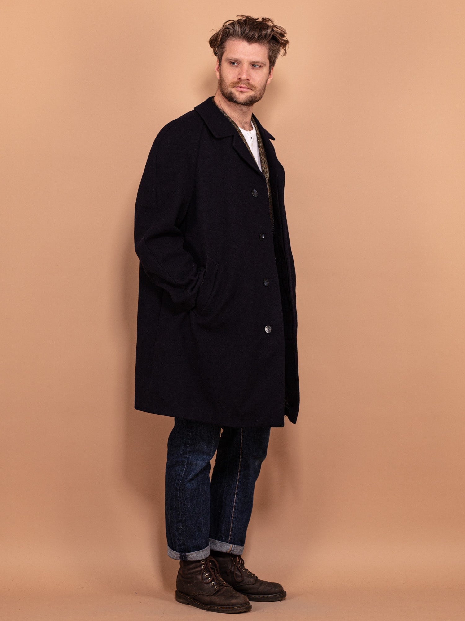 Mens navy overcoat wool on sale