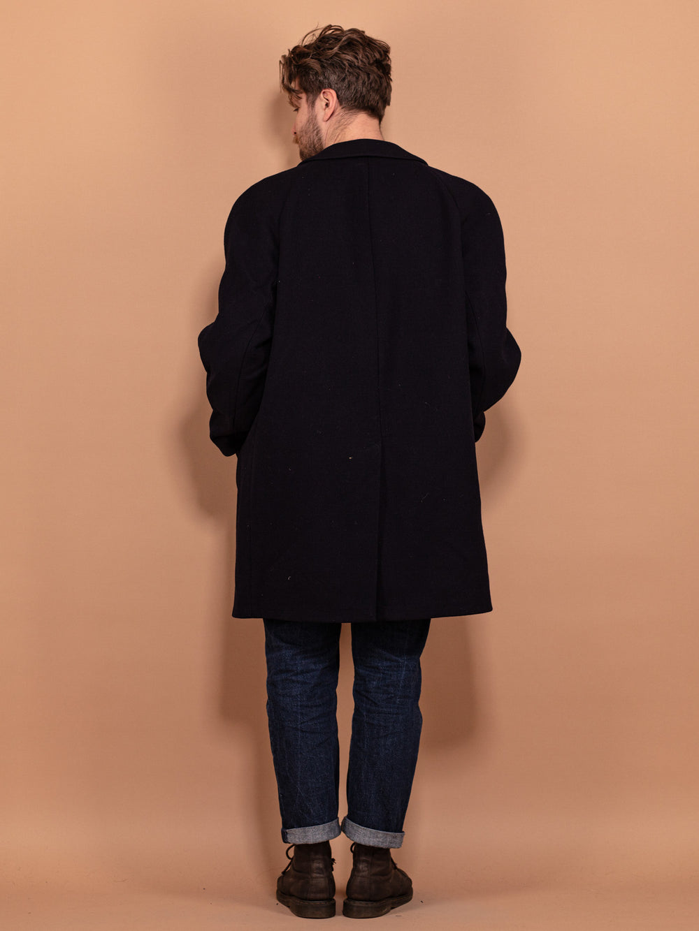 Vintage 70's Men Minimalist Wool Coat in Navy Blue - NorthernGrip