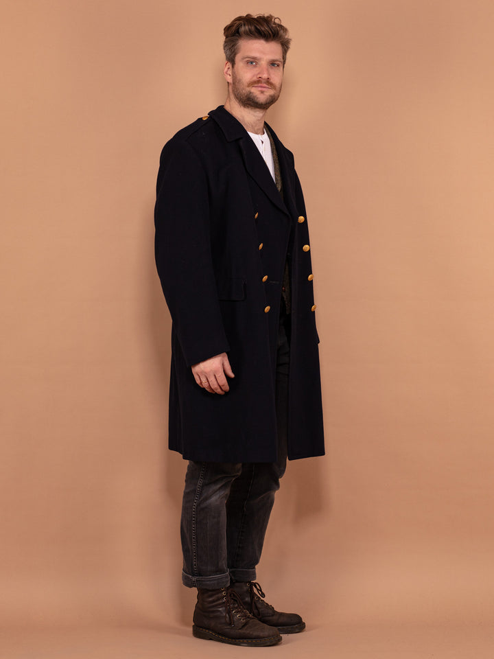 Military Wool Coat 70's, Size M Medium, Vintage Men Swedish Army Officer Coat, Retro Wool Greatcoat, Double Breasted Navy Blue Wool Overcoat