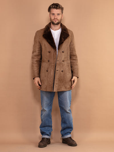 Men Shearling Coat 70's, Size Medium, Vintage Western Suede Coat, Brown Double Breasted Sheepskin Coat, Cozy Winter Outerwear