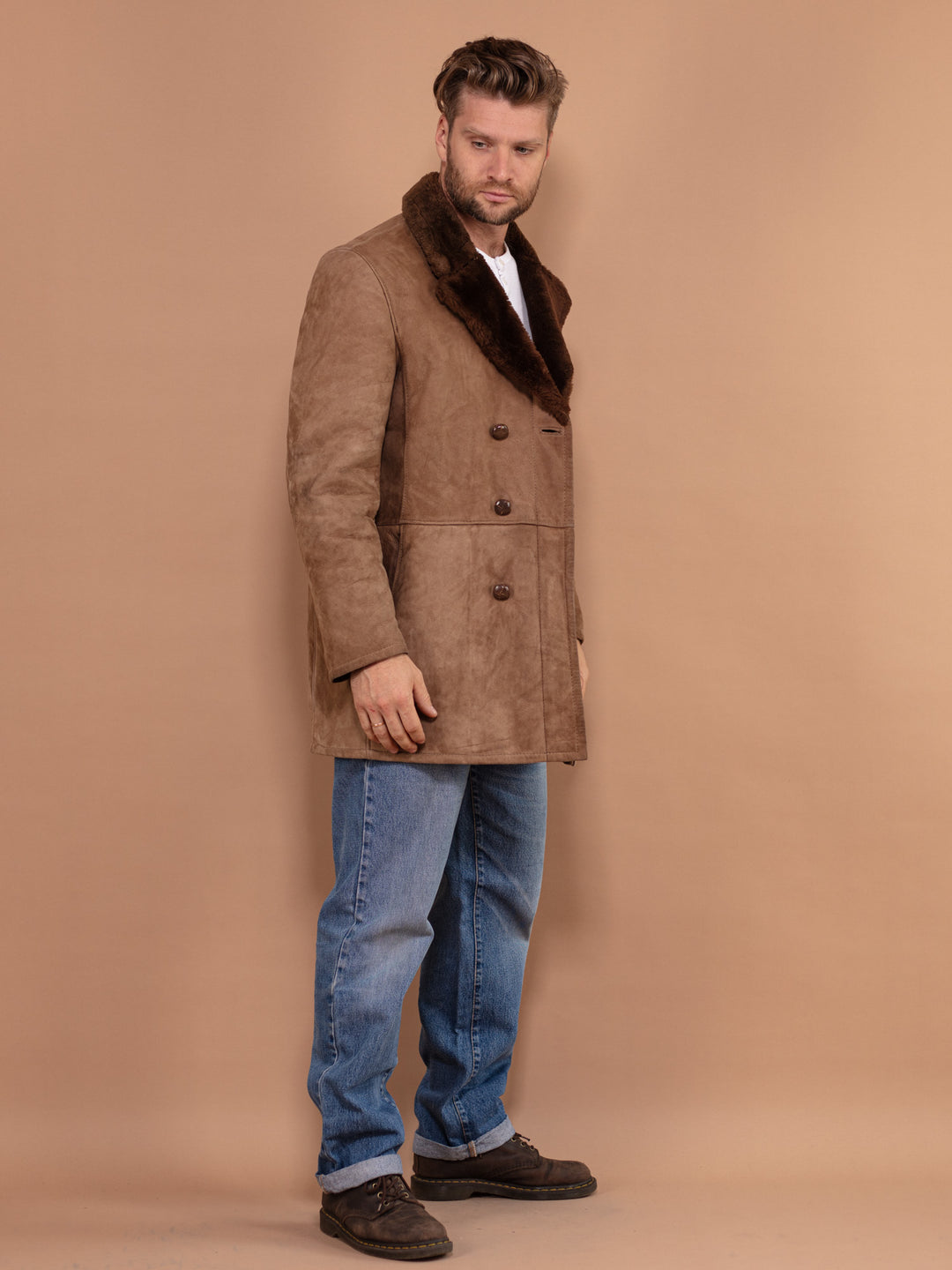 Men Shearling Coat 70's, Size Medium, Vintage Western Suede Coat, Brown Double Breasted Sheepskin Coat, Cozy Winter Outerwear