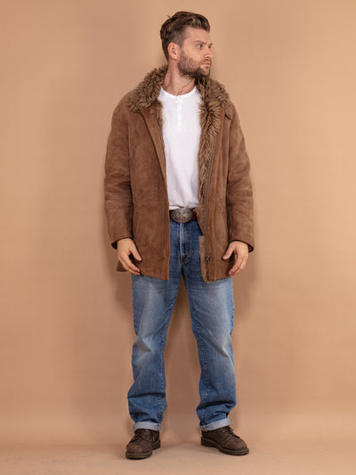 Men Vintage Shearling Coat 70's, Size Medium, Zip Up Winter Coat, Brown Retro Coat, 1970s Clothing, Cozy Warm Sheepskin Outerwear