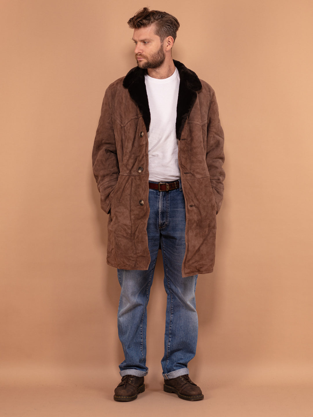 Men Classic Shearling Coat 70's, Size Large, Vintage Sheepskin Outerwear, Brown Suede Overcoat, Retro Winter Coat, Timeless Classic Coat