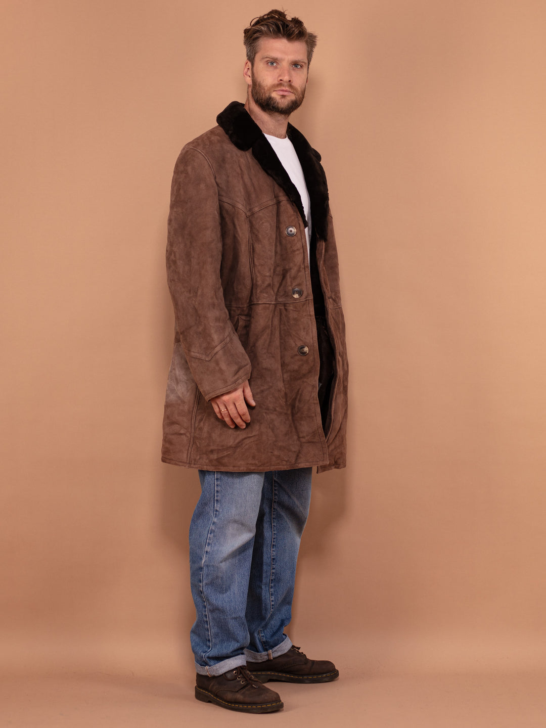 Men Classic Shearling Coat 70's, Size Large, Vintage Sheepskin Outerwear, Brown Suede Overcoat, Retro Winter Coat, Timeless Classic Coat