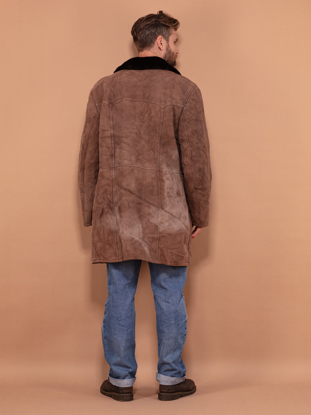 Vintage 70's Men Shearling Suede Coat in Brown - NorthernGrip