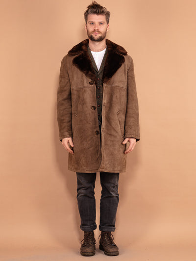 Men Shearling Coat 70's, Size L Large, Classic Vintage Sheepskin Coat, Timeless Outerwear, Soft Suede Overcoat, Brown Winter Coat