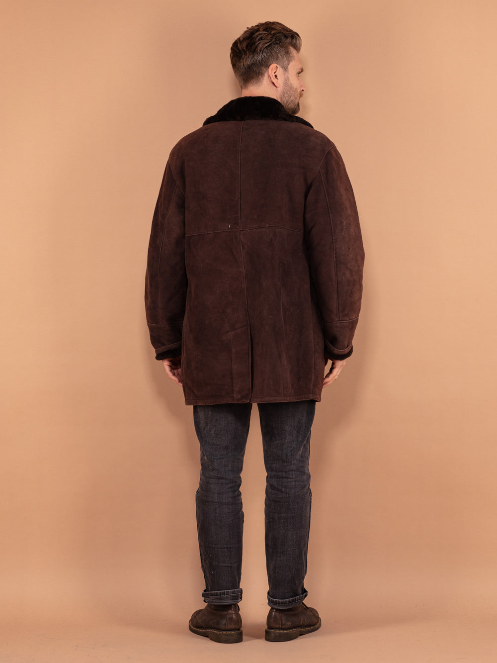 Vintage 70's Men Shearling Suede Coat in Dark Brown - NorthernGrip