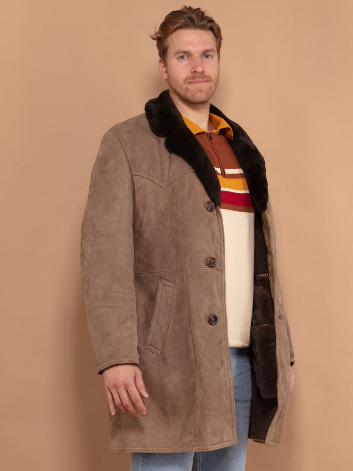 Boho Men Sheepskin Coat 70s, Size Medium, Vintage Men Shearling Wool Collar Coat, Pale Brown Suede Coat, Winter Outerwear, Cowboy Wear