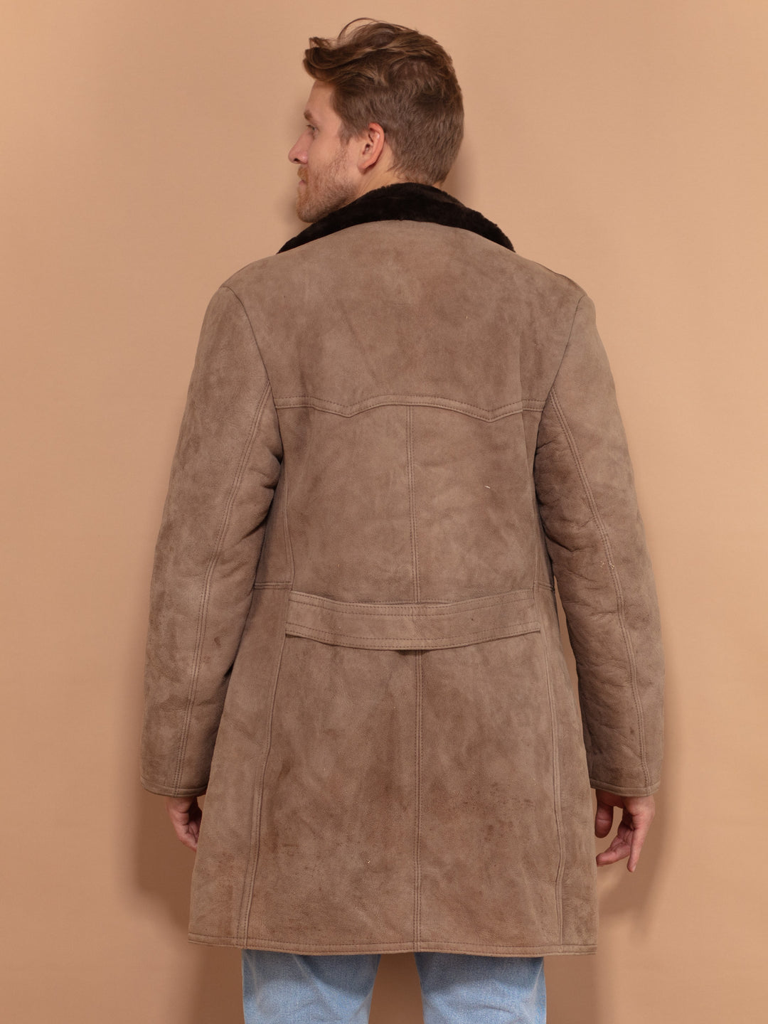 Boho Men Sheepskin Coat 70s, Size Medium, Vintage Men Shearling Wool Collar Coat, Pale Brown Suede Coat, Winter Outerwear, Cowboy Wear