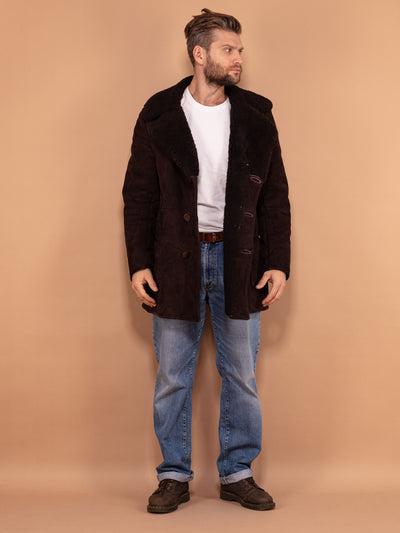 Dark Brown Sheepskin Coat 70's, Size Small, Vintage Men Classic 70s Style Coat, Double Breasted Suede Coat, Retro Winter Outerwear