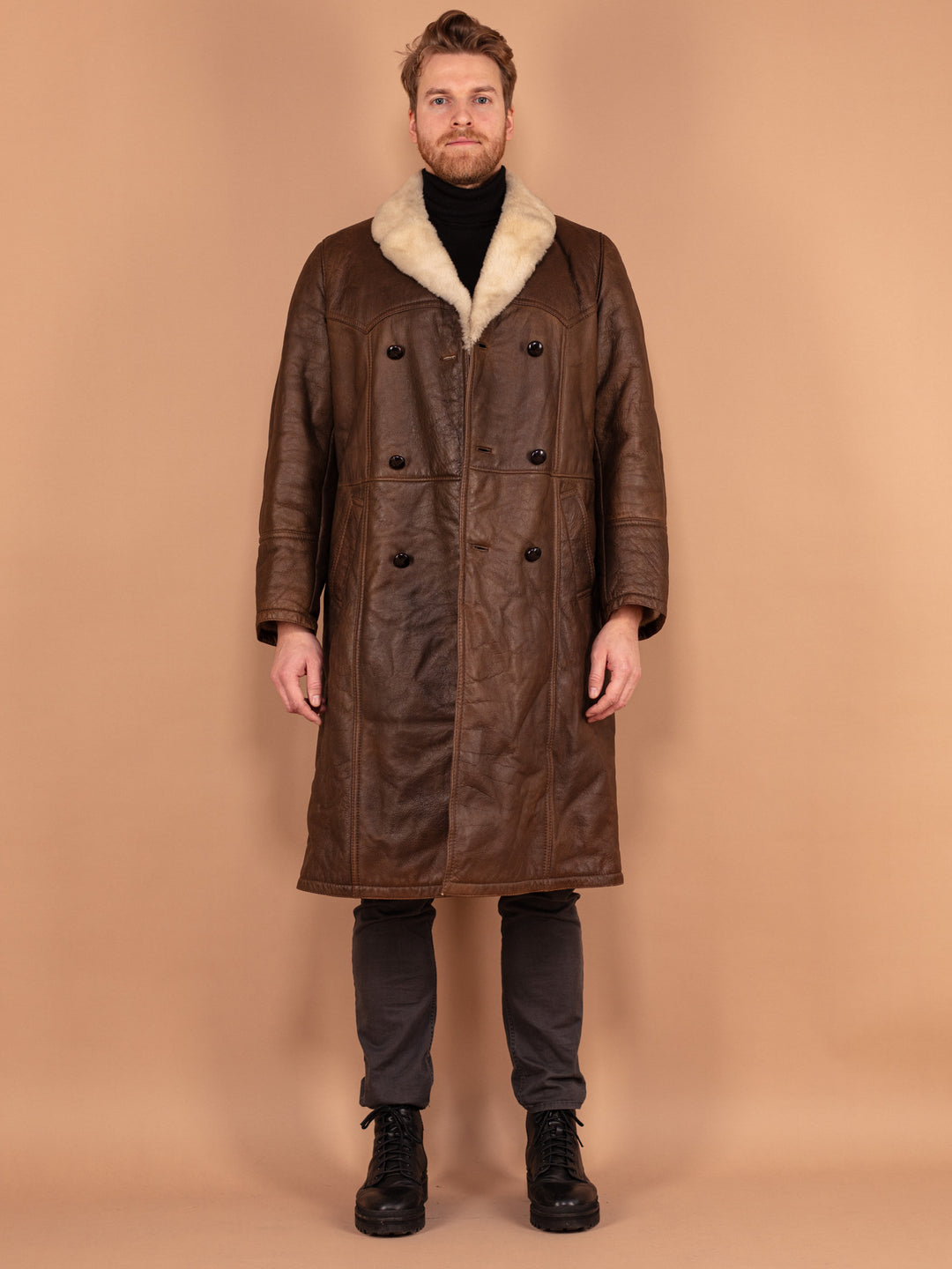 Brown Sheepskin Leather Coat 70's, Size Medium, Retro Winter Coat, Vintage Outerwear, Shearling Overcoat, Western Style Coat, Mens Long Coat