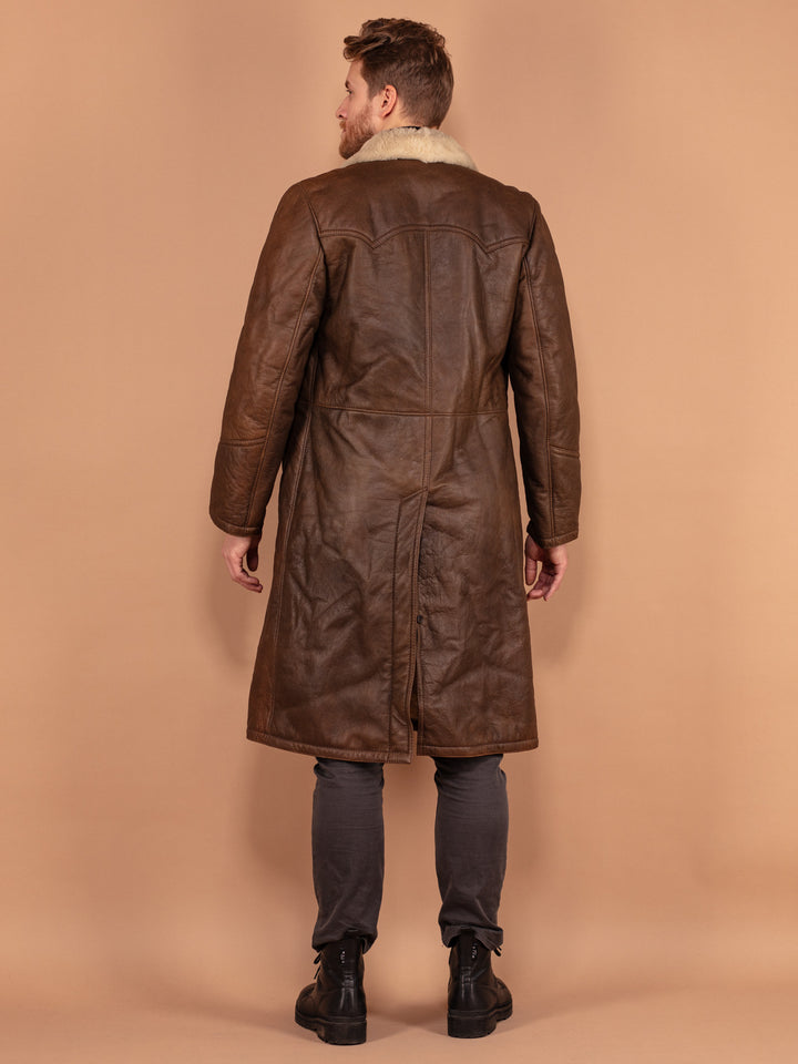 Brown Sheepskin Leather Coat 70's, Size Medium, Retro Winter Coat, Vintage Outerwear, Shearling Overcoat, Western Style Coat, Mens Long Coat