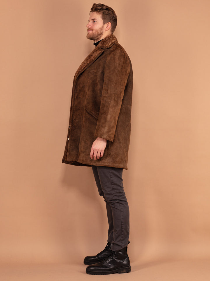 Sheepskin Suede Coat 70's, Size Large, Vintage Western Coat, Men Retro Overcoat, Soft Suede Brown Winter Coat, Classic Outerwear