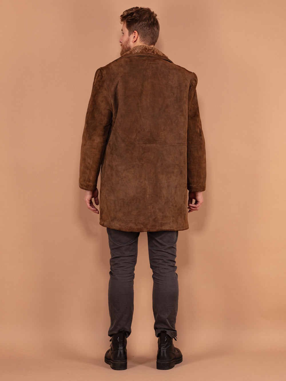 Vintage 70's Men Western Sheepskin Suede Coat in Brown - NorthernGrip