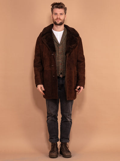 Thick Sheepskin Shearling Coat 70's, Size L Large, Vintage Dark Brown Suede Coat, Men Retro Overcoat, Winter Outerwear, Classic Winter Coat