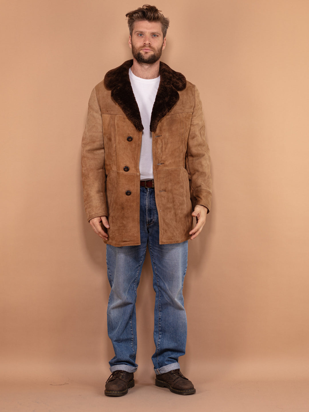 Vintage Men Shearling Coat 70s, Size Medium, Collared Winter Coat, Boho Outerwear, Warm Sheep Skin Suede Overcoat, Sustainable Fashion