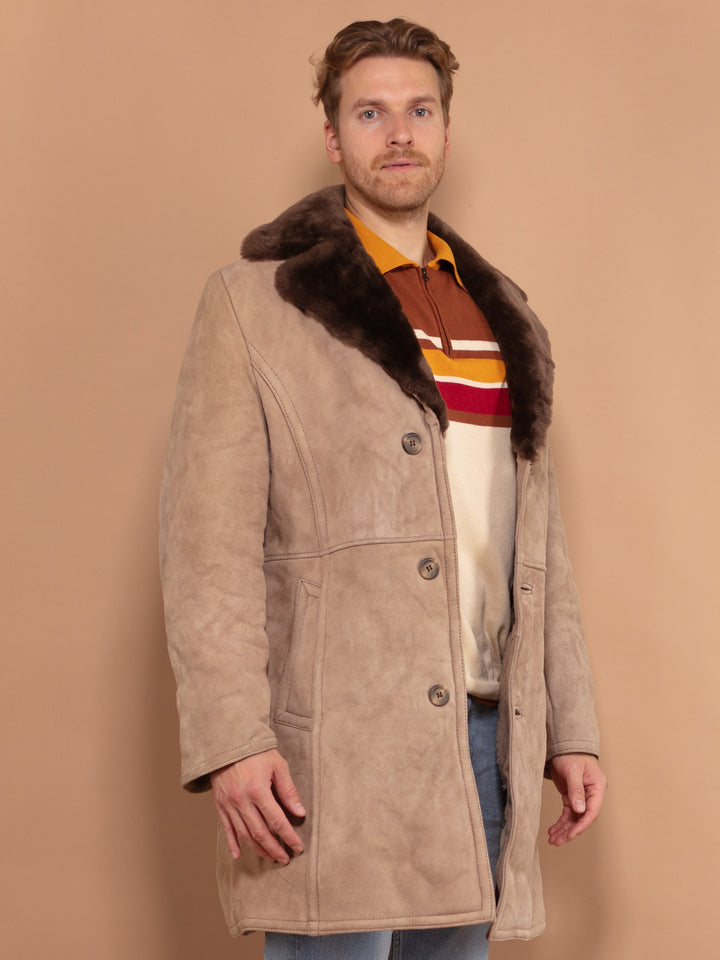 Beige Sheepskin Coat 70's, size Medium, Vintage Men Shearling Suede Coat, Collared Retro Winter Coat, Vintage Sustainable Clothing