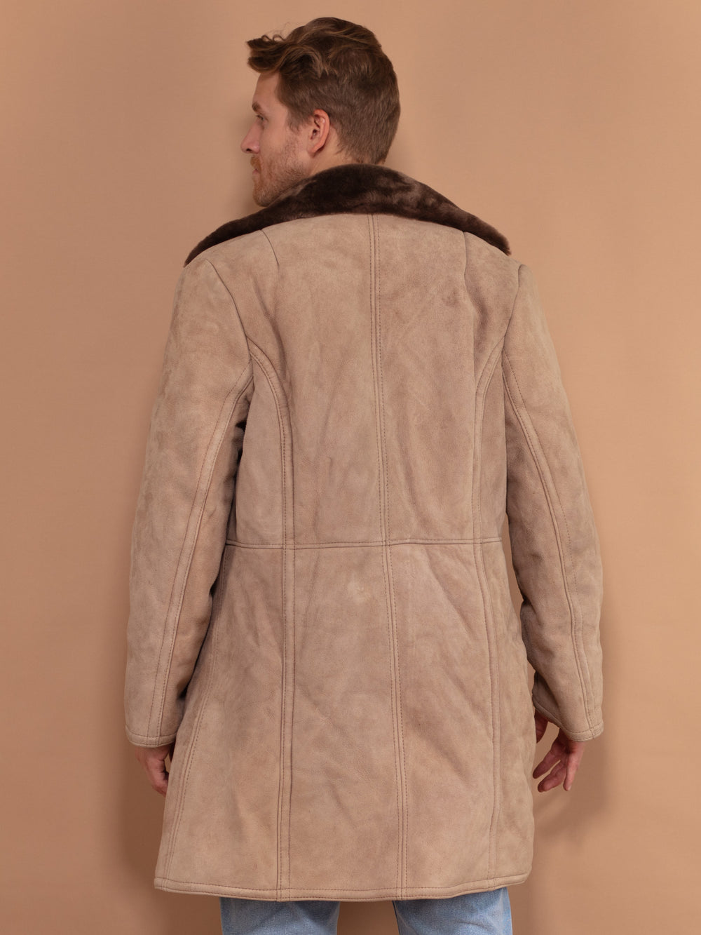 Vintage 70's Men Sheepskin Suede Coat in Beige - NorthernGrip