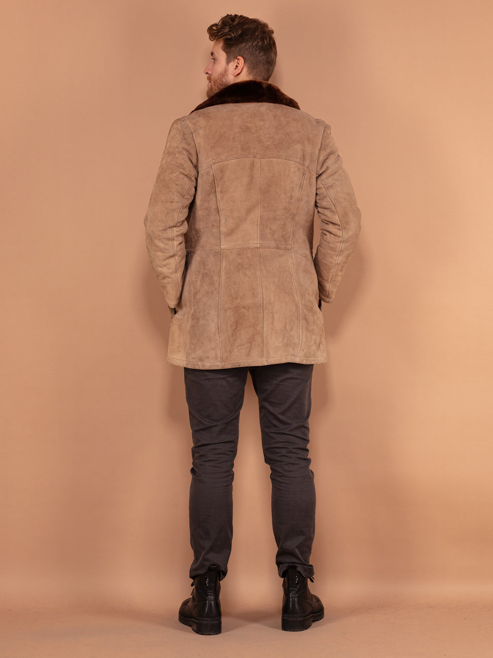 Vintage 70's Men Sheepskin Suede Coat in Beige - NorthernGrip