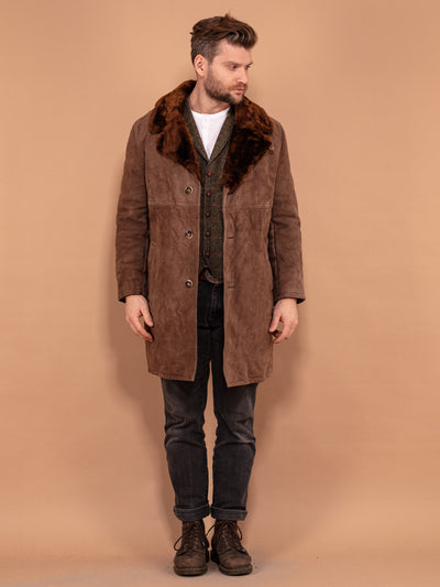 Men 70's Sheepskin Coat, Size M Medium, Shearling Men Coat, Vintage Western Coat, Winter Clothing, Brown Suede Coat, Retro Style Overcoat
