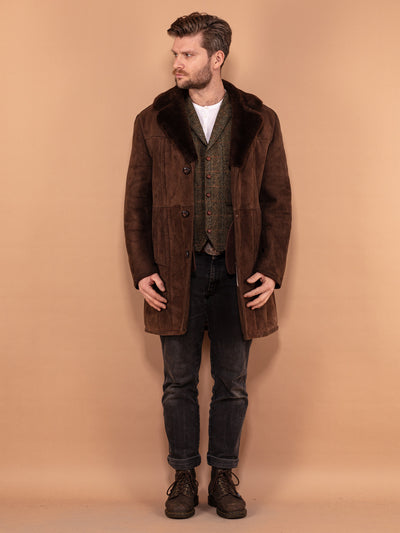 Men Sheepskin Coat, Size M Medium, Men Pre Owned 70s Vintage Coat, Winter Clothing, Brown Suede Coat, Retro Overcoat, Classic Outerwear