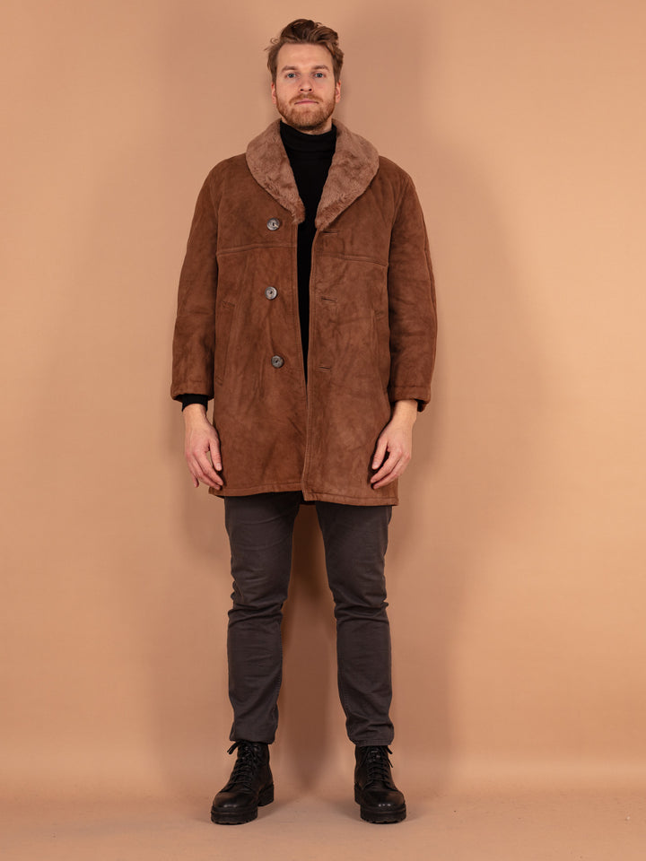 Vintage 70's Men Sheepskin Suede Coat in Brown - NorthernGrip