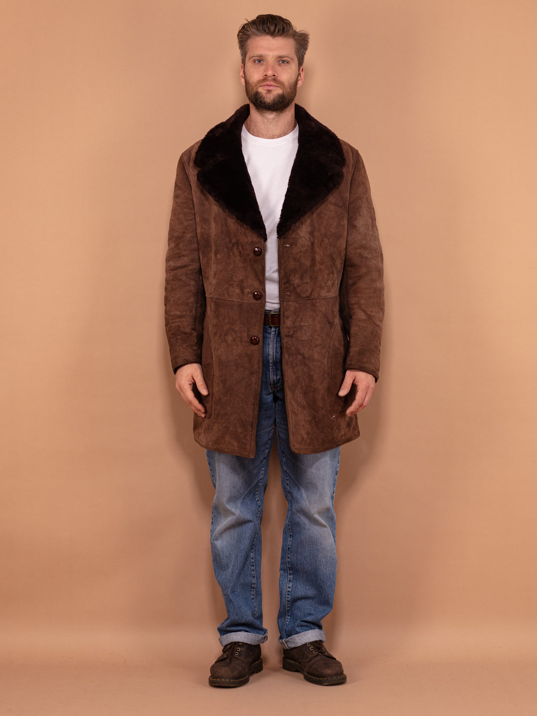 Men Shearling Suede Coat 70's, Size Large, Vintage Sheepskin Coat, Brown Suede Overcoat, Winter Outerwear, Warm Cozy Winter Coat