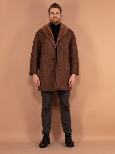Sheepskin Suede Coat 70's, Size L Large, Vintage Western Coat, Men Retro Overcoat, Soft Suede Brown Winter Coat, Classic Outerwear