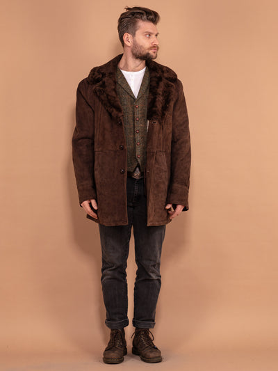 Men Sheepskin Suede Coat 70's, Size L Large, Vintage Shearling Coat, Dark Brown Suede Overcoat, Winter Outerwear, Warm Cozy Winter Coat