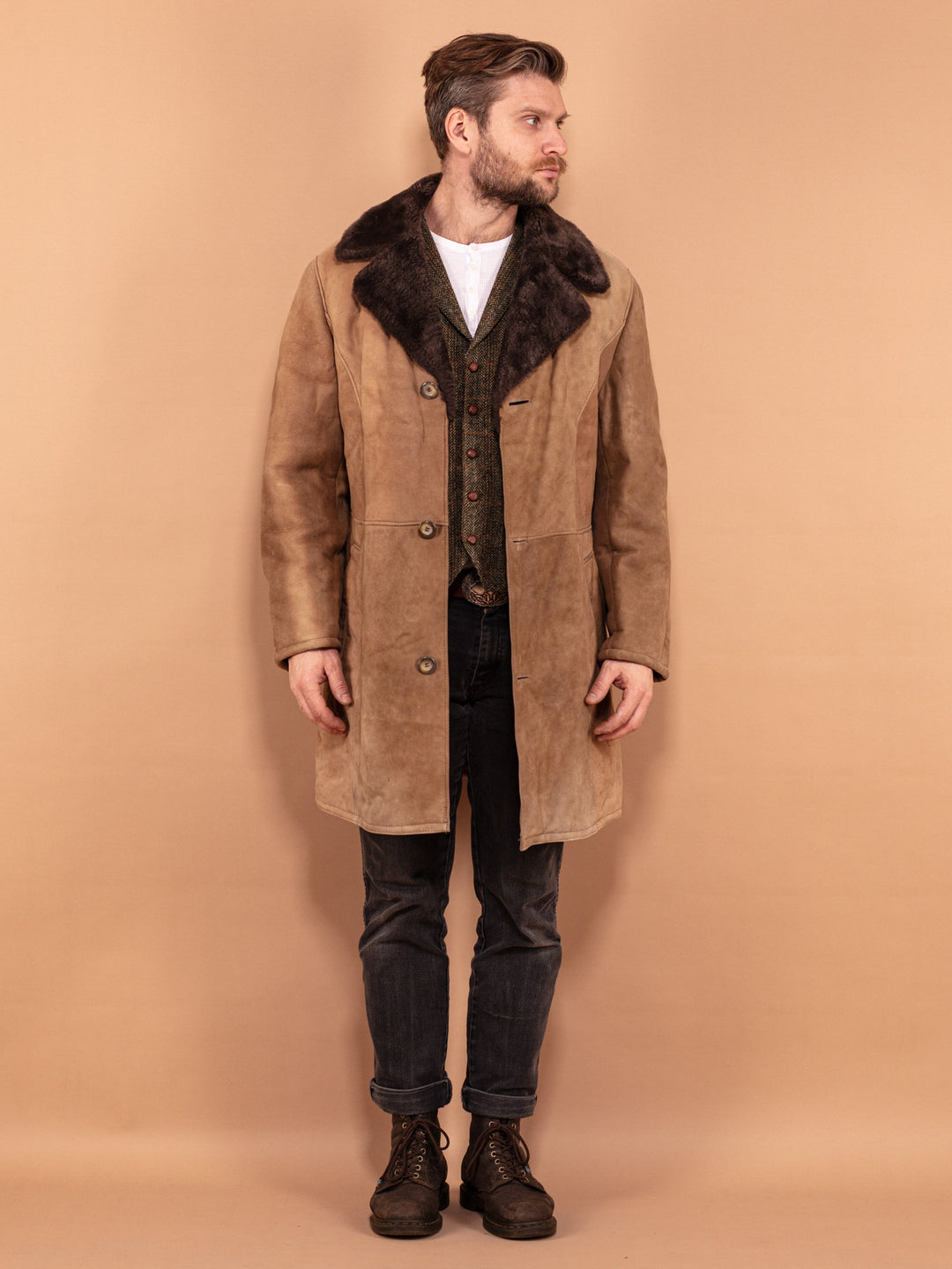 70s Sheepskin Coat, Size M Medium, Vintage Shearling Fur Coat, Boho Winter Coat, Warm Coat for Men, Light Brown Overcoat, Retro Menswear