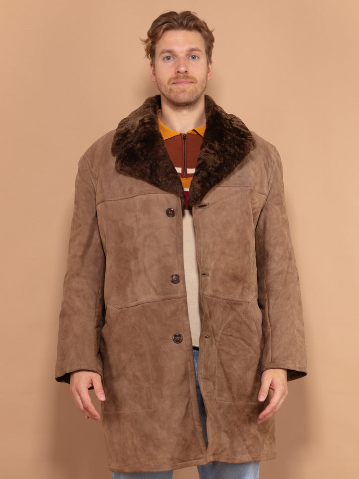 Sheepskin Coat 70's, Size XL, Vintage Men Shearling Coat, Brown Suede Winter Coat, Western Style Men Vintage Clothing, Retro Winterwear