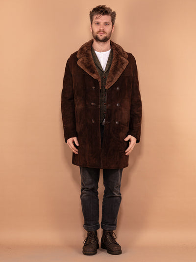 Men Sheepskin Coat 70's, Size L Large, Vintage Cozy Winter Coat, Double Breasted Brown Boho Coat, Retro 70s Clothing, Suede Outerwear