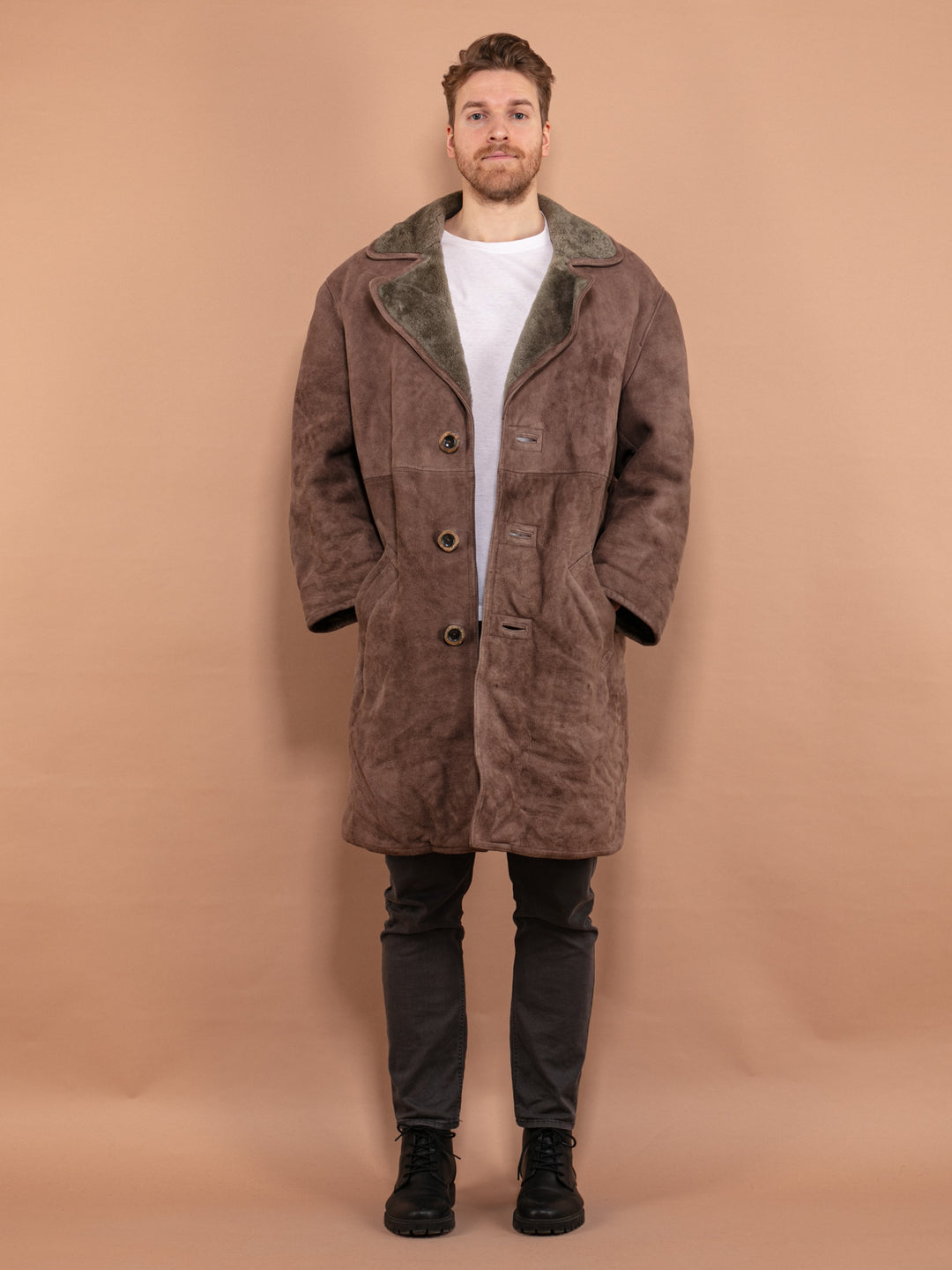 Men Sheepskin Coat 70's, Size XL, Heavy Shearling Coat, Vintage Winter Clothing, Pale Brown Suede Overcoat, Oversized Men Clothes, Outerwear