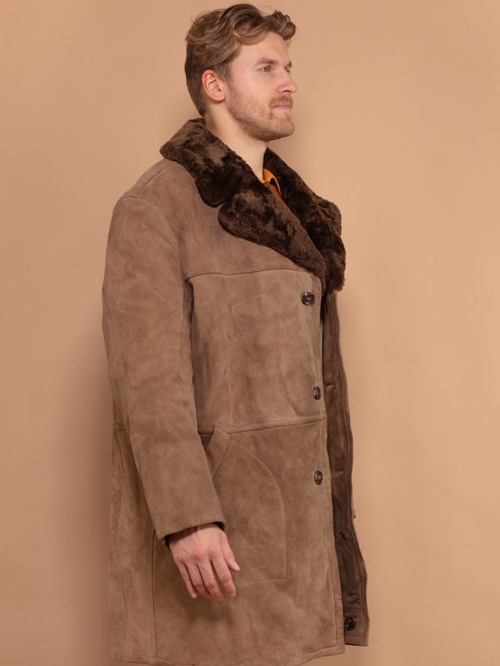 Sheepskin Coat 70's, Size XL, Vintage Men Shearling Coat, Brown Suede Winter Coat, Western Style Men Vintage Clothing, Retro Winterwear