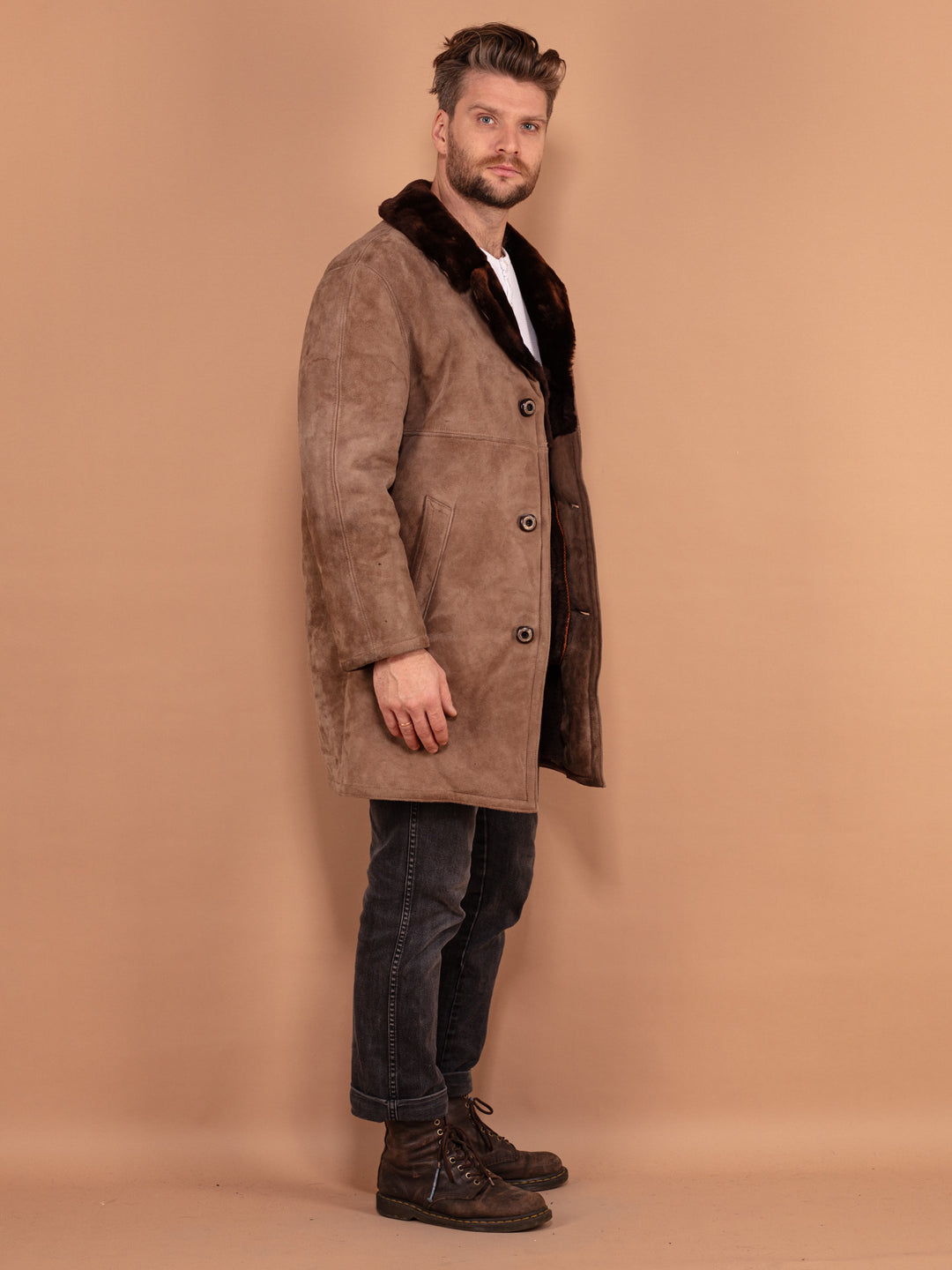 Sheepskin Suede Coat 70's, Size Medium, Vintage Men Winter Coat, Brown Retro Coat, Western Style Boho 70s Clothing, Sheep Fur Shearling Coat