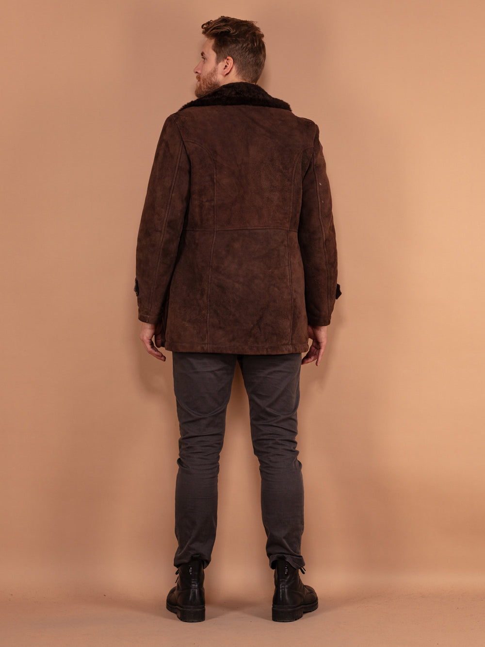 Vintage 70's Men Sheepskin Suede Coat in Dark Brown - NorthernGrip