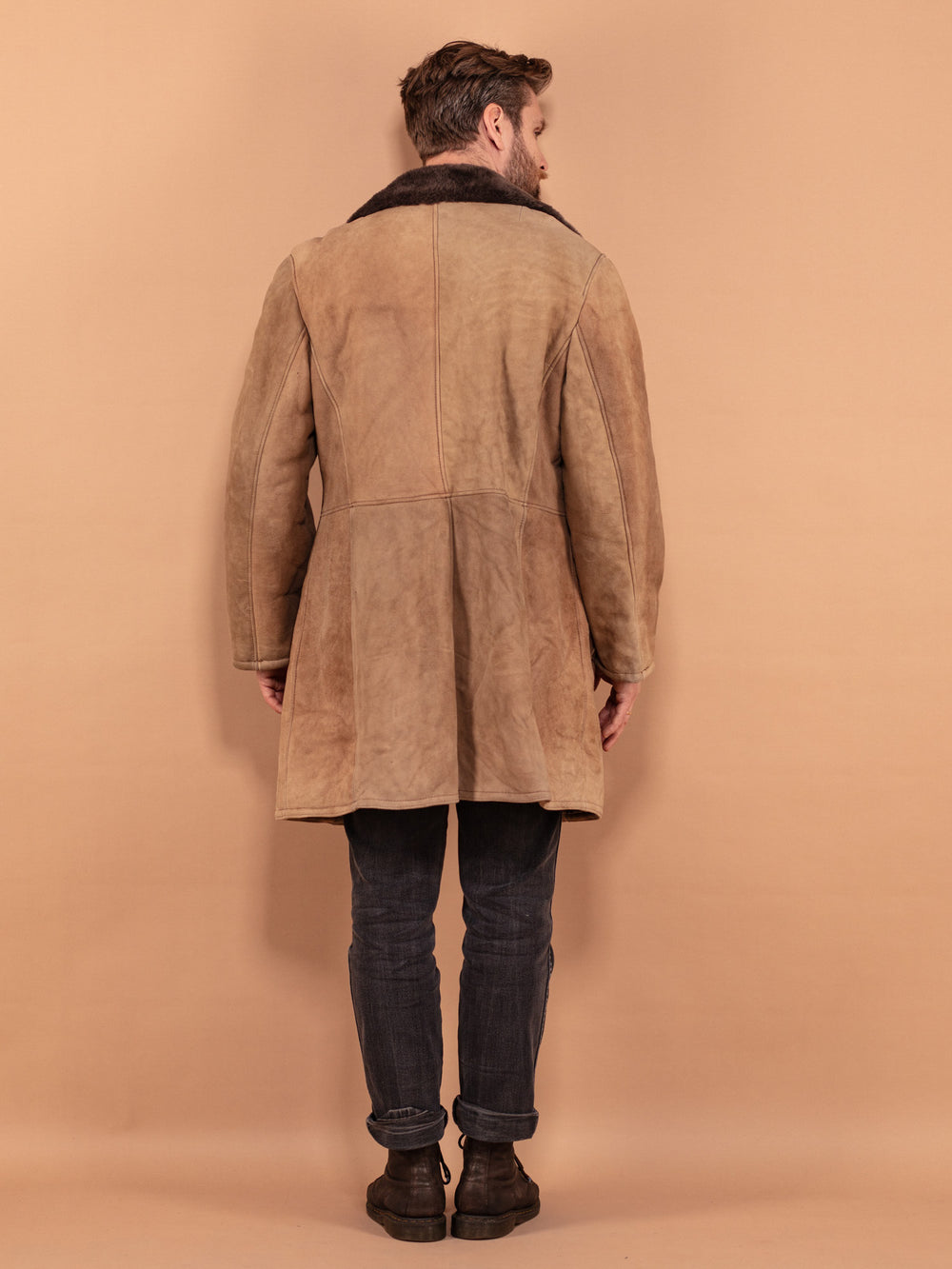 Vintage 70's Men Sheepskin Suede Coat in Brown - NorthernGrip